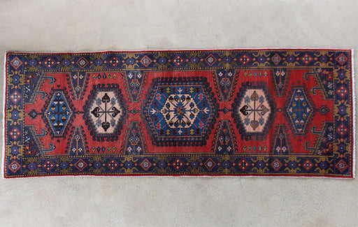 RUG312 3'8 x 10'2 Red and Blue Azerbaijani Persian Runner Circa 1965