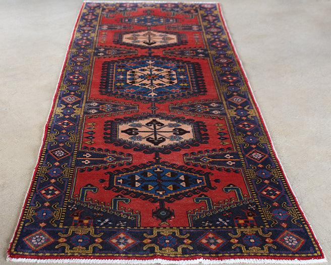 RUG312 3'8 x 10'2 Red and Blue Azerbaijani Persian Runner Circa 1965