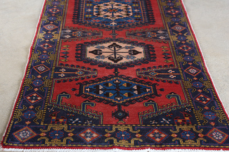 RUG312 3'8 x 10'2 Red and Blue Azerbaijani Persian Runner Circa 1965