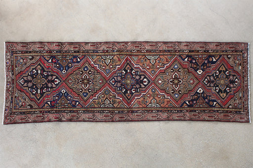 RUG318 3'2 x 9'4 Salmon, Rose and Blue Hamadan Persian Runner Circa 1965