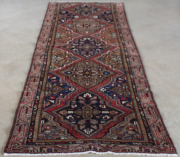 RUG318 3'2 x 9'4 Salmon, Rose and Blue Hamadan Persian Runner Circa 1965