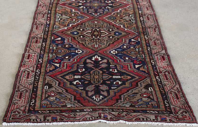 RUG318 3'2 x 9'4 Salmon, Rose and Blue Hamadan Persian Runner Circa 1965