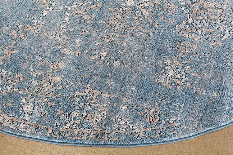 RUG430 - 7'7 Round Blue And Taupe Power Loomed Rug 