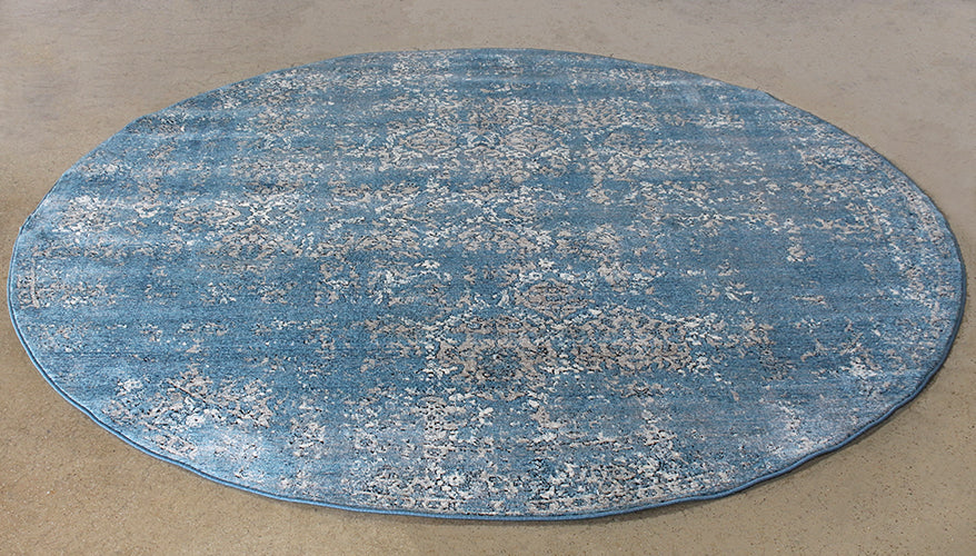RUG430 - 7'7 Round Blue And Taupe Power Loomed Rug 