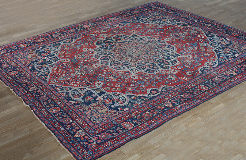 9'3" X 11'6" Red And Blue Vintage Persian Rug