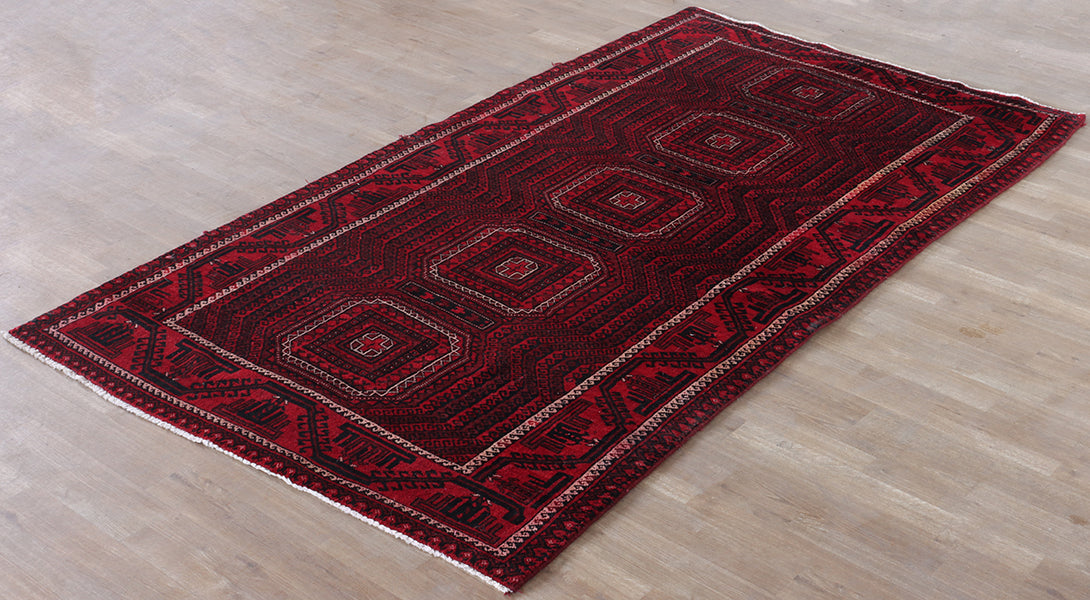 3' X 6' Red Square Pattern Persian Rug