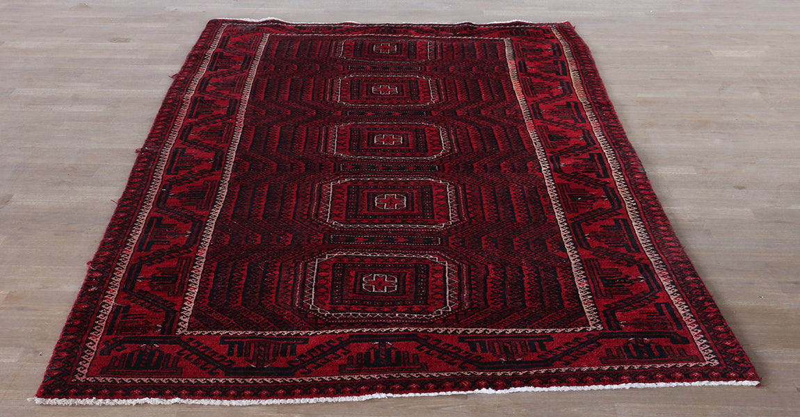 3' X 6' Red Square Pattern Persian Rug