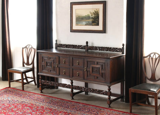 SB46 Jacobean Style Carved Oak Sideboard with Rail, Circa 1920