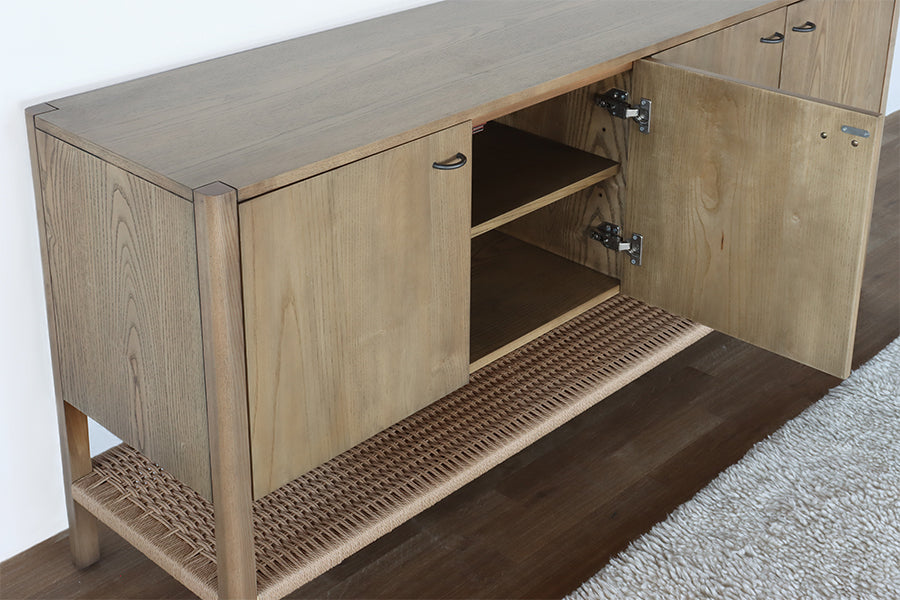 Danish Style Ash Long Sideboard with Woven Shelf