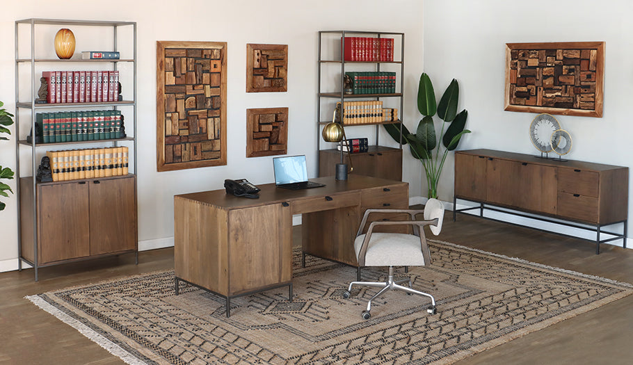 Auburn Poplar Long Sideboard with Leather Pulls