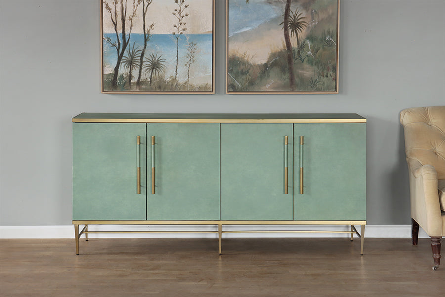 Wrapped Green Leather & Brass Sideboard