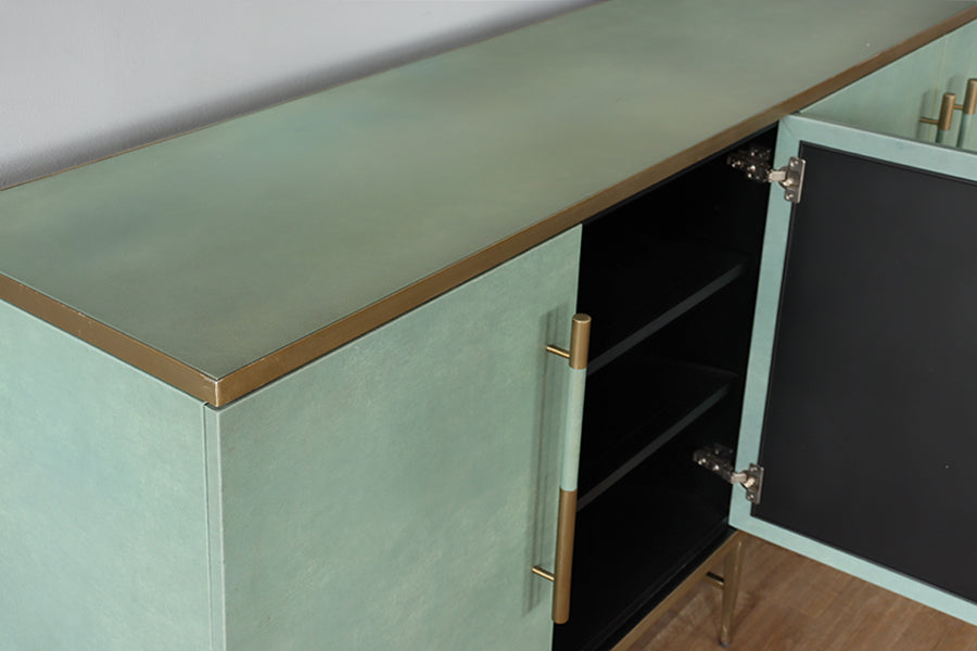 Wrapped Green Leather & Brass Sideboard