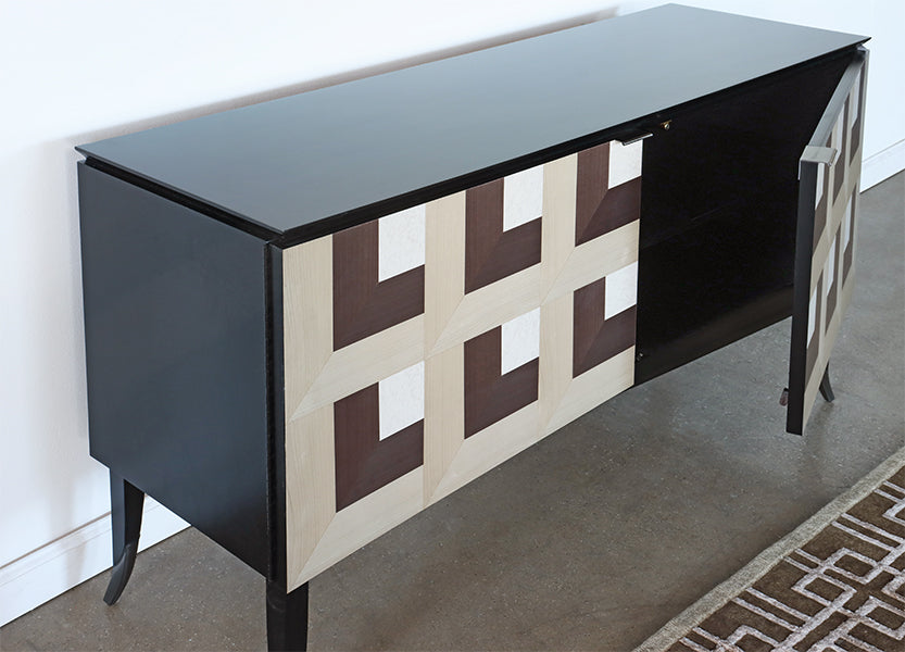 Black Sideboard w/ Square Inlay Pattern Doors