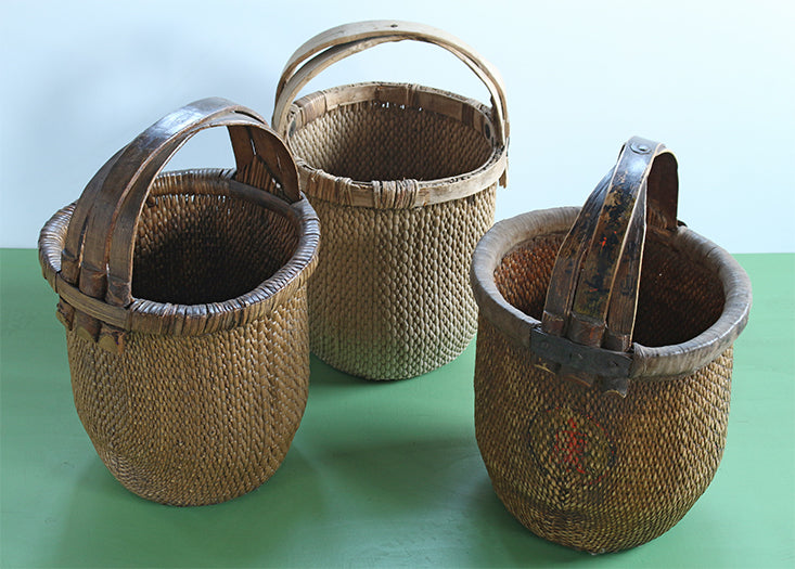 Set Of 3 Antique Chinese Fisherman's Baskets