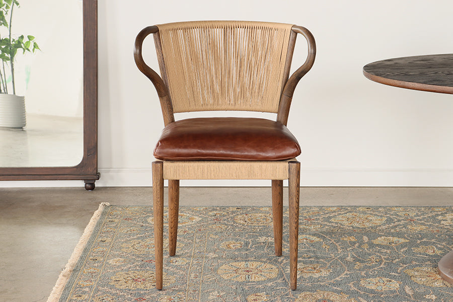 Rush and Oak Side Chair with Mahogany Leather Seat