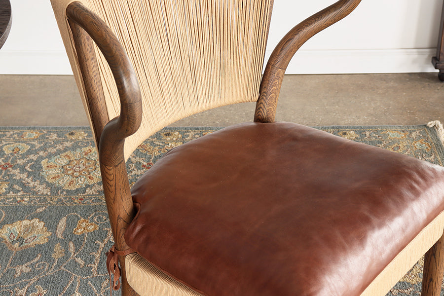 Rush and Oak Side Chair with Mahogany Leather Seat
