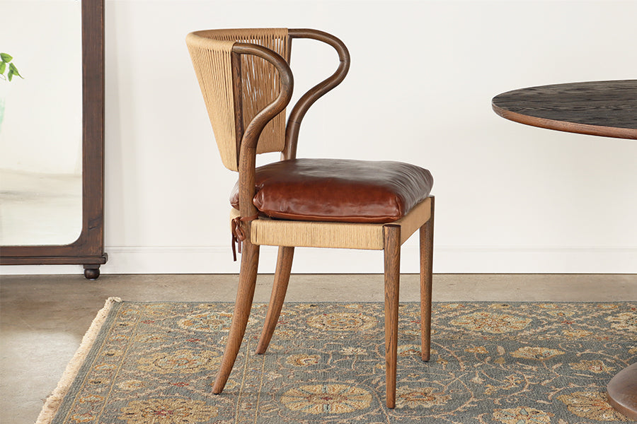 Rush and Oak Side Chair with Mahogany Leather Seat