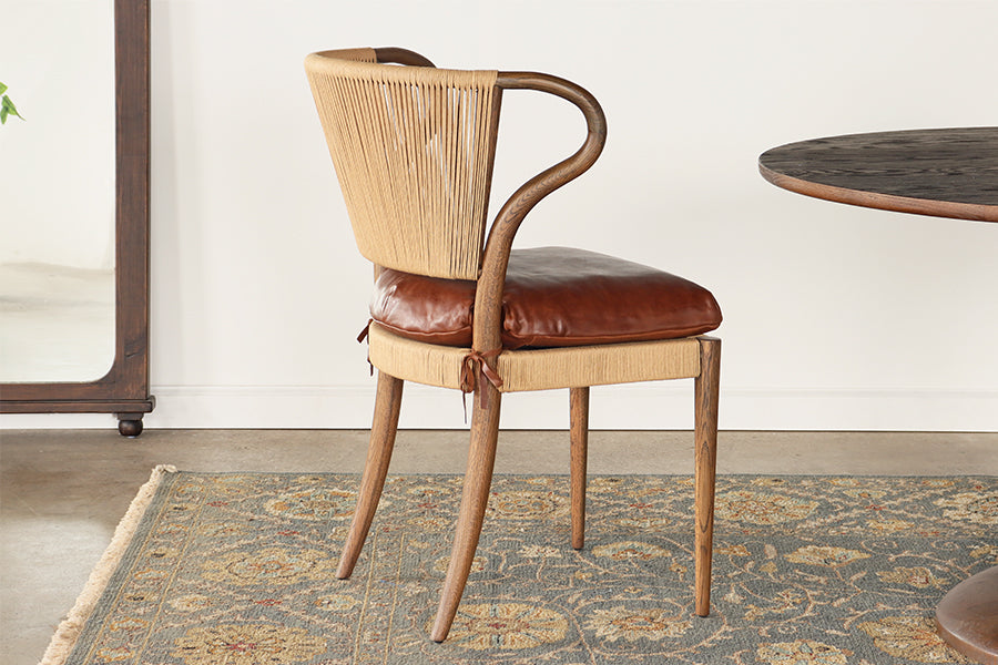 Rush and Oak Side Chair with Mahogany Leather Seat
