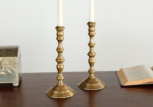 SCAN34 Pair of Antique Brass Colonial Candle Holders