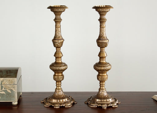 SCAN35 Pair of Antique Brass Ornate Candle Holders