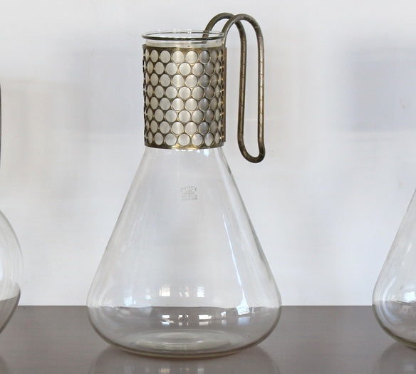SDECA02 Set of 3 Mid-Century Pyrex Glass and Brass Decanters, Vintage 1950's