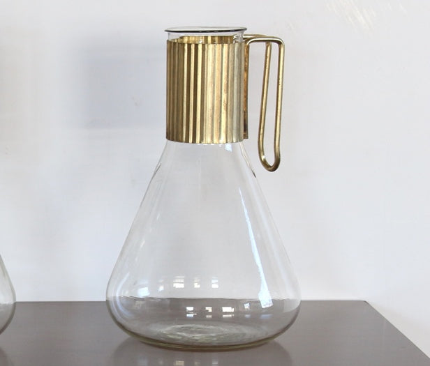 SDECA02 Set of 3 Mid-Century Pyrex Glass and Brass Decanters, Vintage 1950's