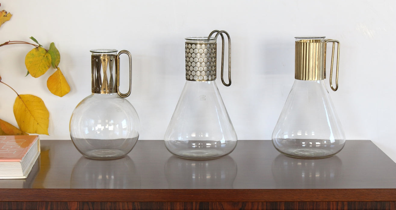 SDECA02 Set of 3 Mid-Century Pyrex Glass and Brass Decanters, Vintage 1950's
