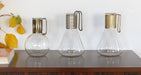 SDECA02 Set of 3 Mid-Century Pyrex Glass and Brass Decanters, Vintage 1950's