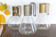 SDECA02 Set of 3 Mid-Century Pyrex Glass and Brass Decanters, Vintage 1950's