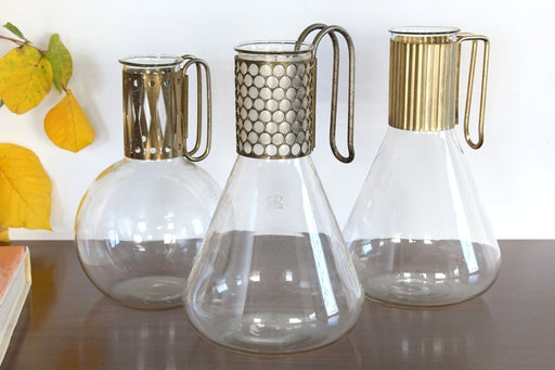 SDECA02 Set of 3 Mid-Century Pyrex Glass and Brass Decanters, Vintage 1950's