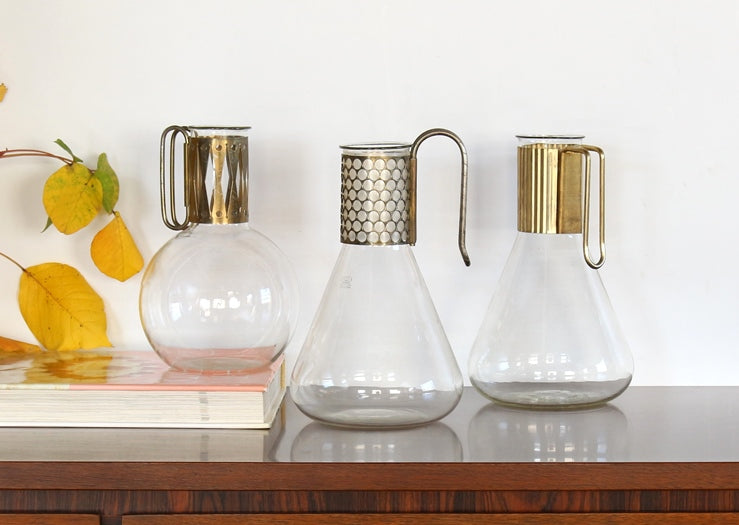 SDECA02 Set of 3 Mid-Century Pyrex Glass and Brass Decanters, Vintage 1950's