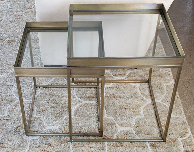 Set of 2 Antique Brass Nesting Tables with Mirror Top
