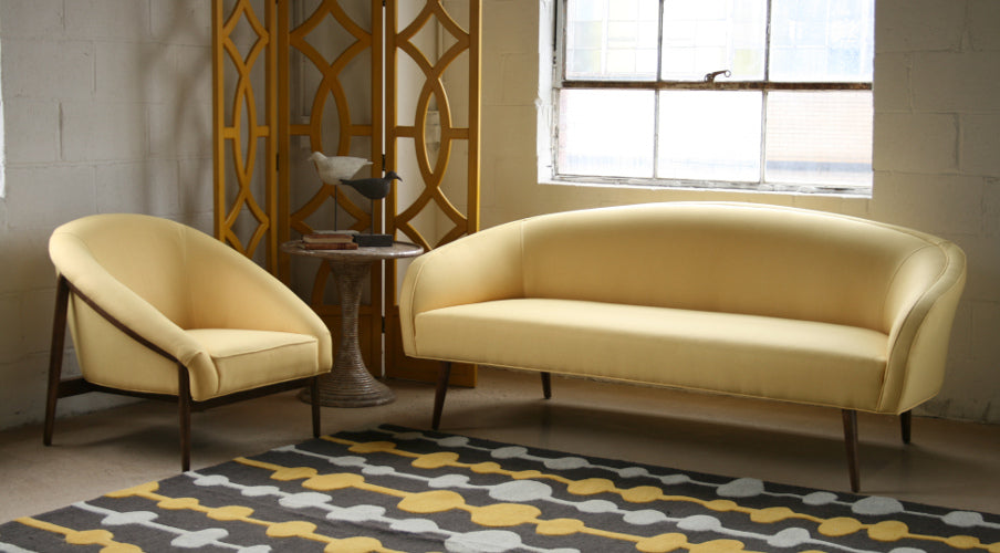 Yellow Woven Barrel Sofa with Walnut Legs