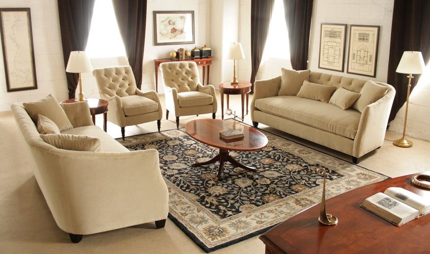 Curved Blond Velvet Sofa with Tufted Back and Toss Pillows