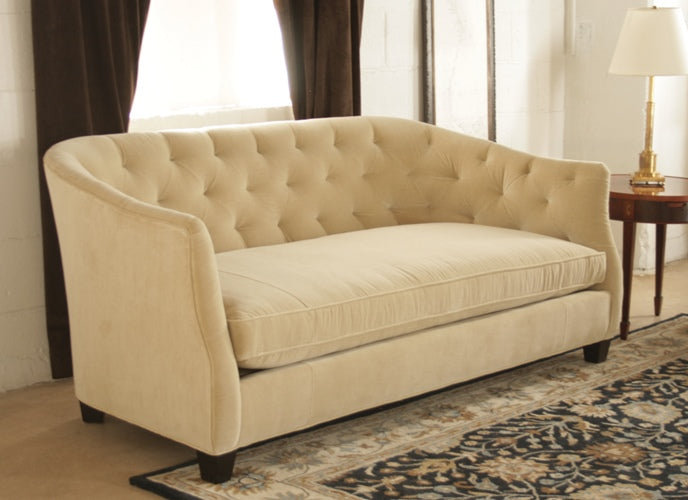 Curved Blond Velvet Sofa with Tufted Back and Toss Pillows