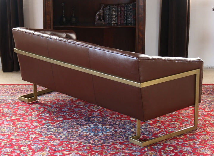SF173 Tufted Leather Apartment Sofa with Antiqued Brass Frame