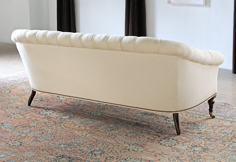 Tufted Sofa in Linato Cream with Brass Nailhead Trim