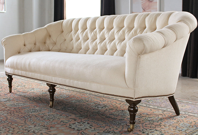 Tufted Sofa in Linato Cream with Brass Nailhead Trim