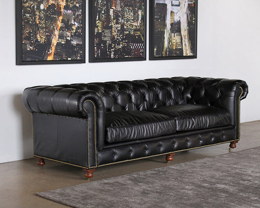 SF209 Tufted Leather Sofa in Saddle Black with Nailhead Trim 