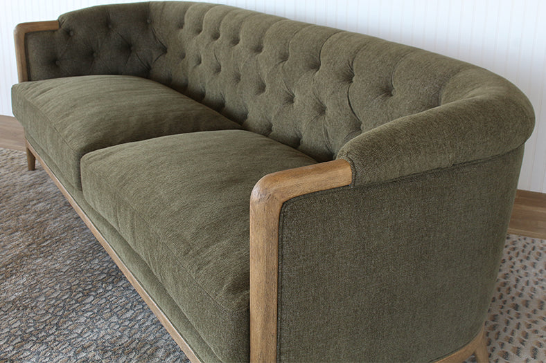 Olive & Exposed Wood Tufted Sofa