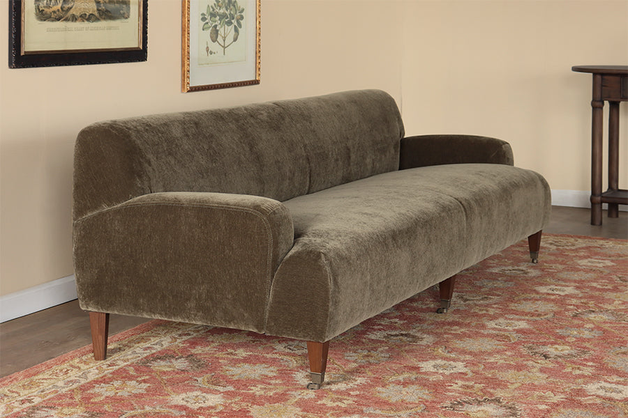 Olive Chenille Tight Back Sofa with Brass Casters