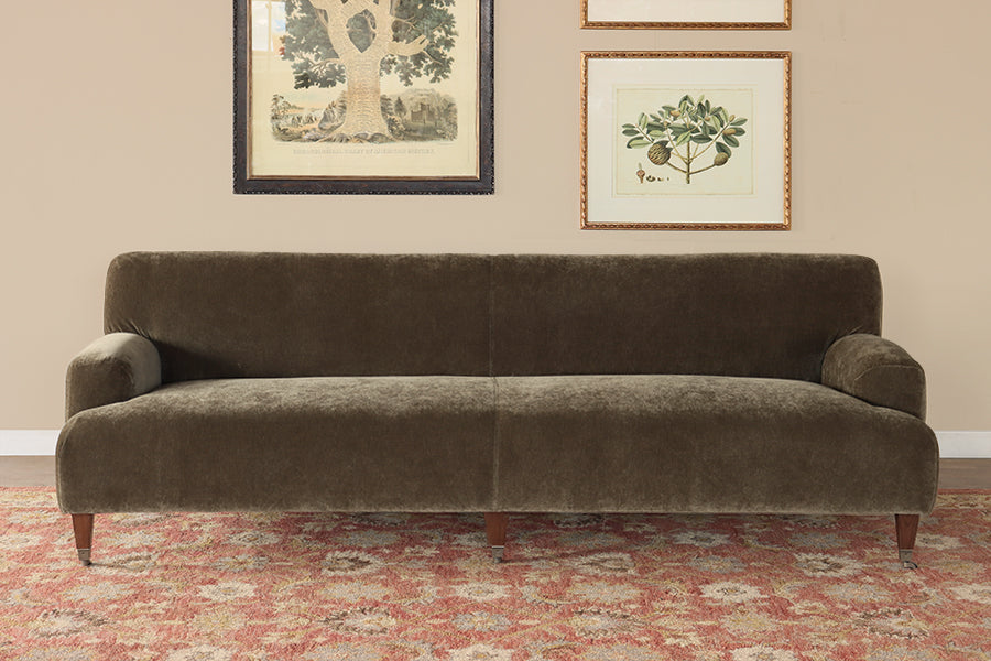Olive Chenille Tight Back Sofa with Brass Casters