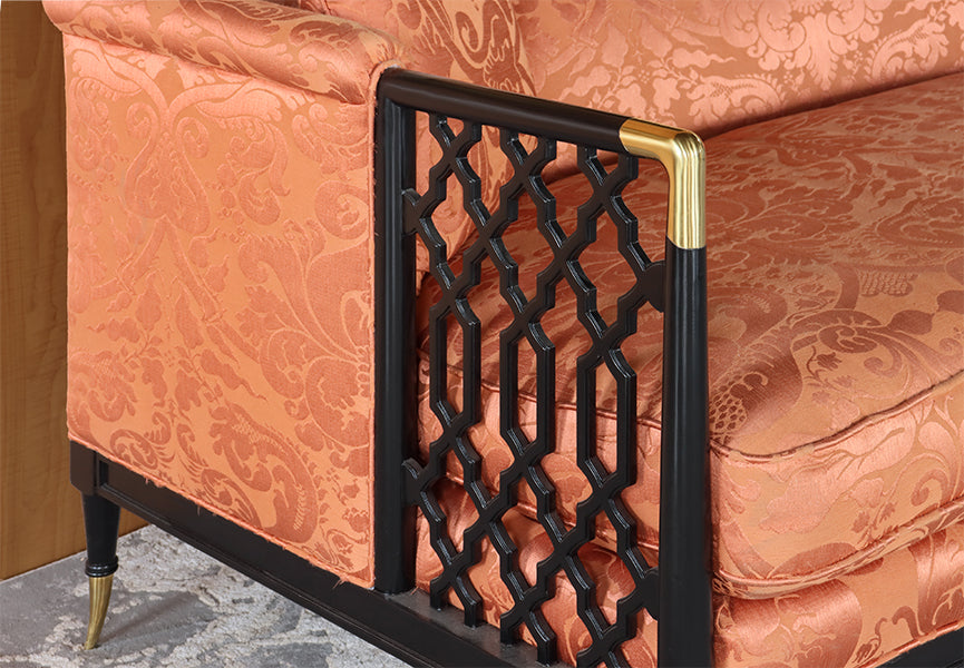 Burnt Orange Damask Sofa with Black Fretwork Arms