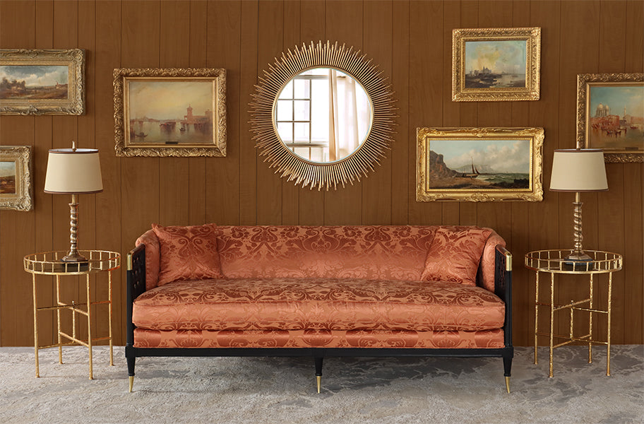 Burnt Orange Damask Sofa with Black Fretwork Arms