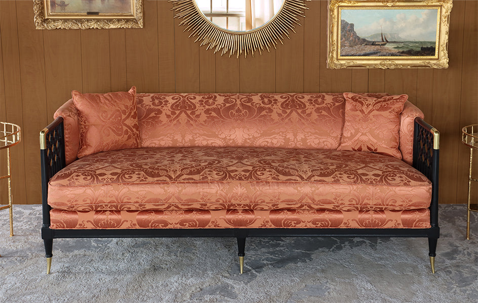 Burnt Orange Damask Sofa with Black Fretwork Arms