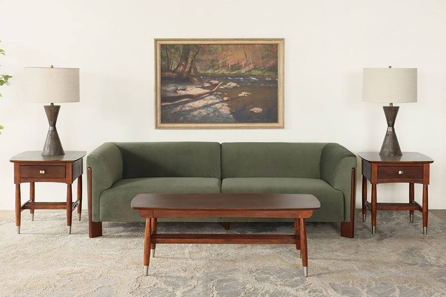Olive Upholstered Sofa w/ Exposed Walnut Legs