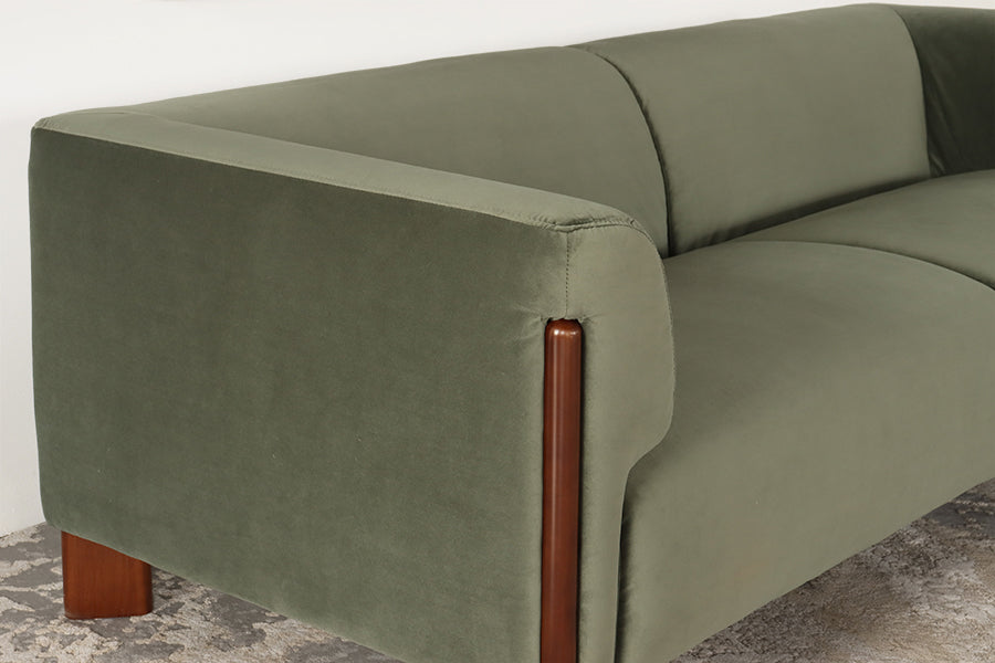 Olive Upholstered Sofa w/ Exposed Walnut Legs