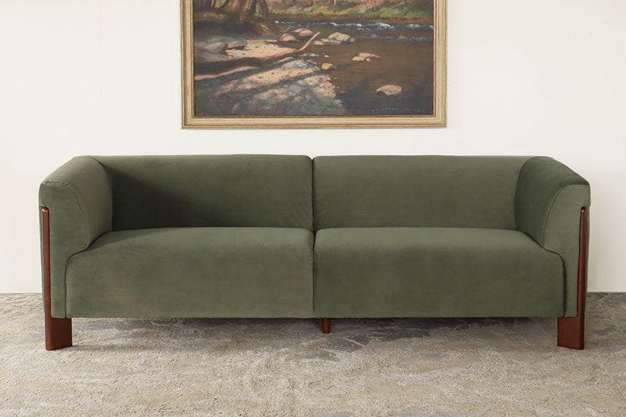 Olive Upholstered Sofa w/ Exposed Walnut Legs