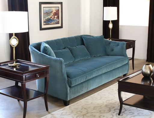 SF38 Curved Peacock Velvet Sofa with Tufted Back and Toss Pillows