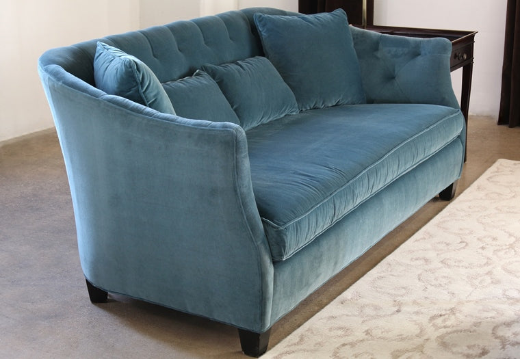 SF38 Curved Peacock Velvet Sofa with Tufted Back and Toss Pillows
